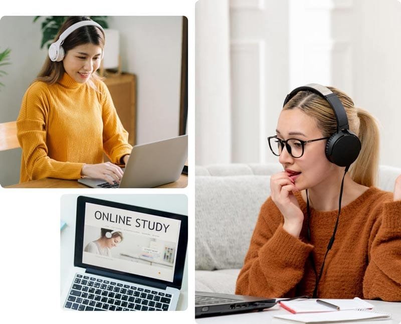 a Nurse using a laptop woman wearing headphones Preparing for NCLEX RN exam